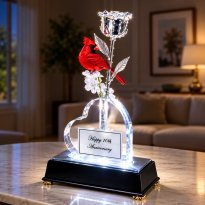 Illuminated 8" Platinum Rose and Cardinal in Custom Heart Vase